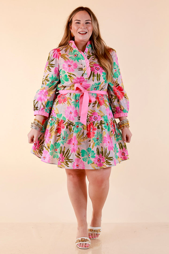 Petals and Promises Floral Print Ruffle Collar Tie Waist Tiered Dress in Pink and Mint