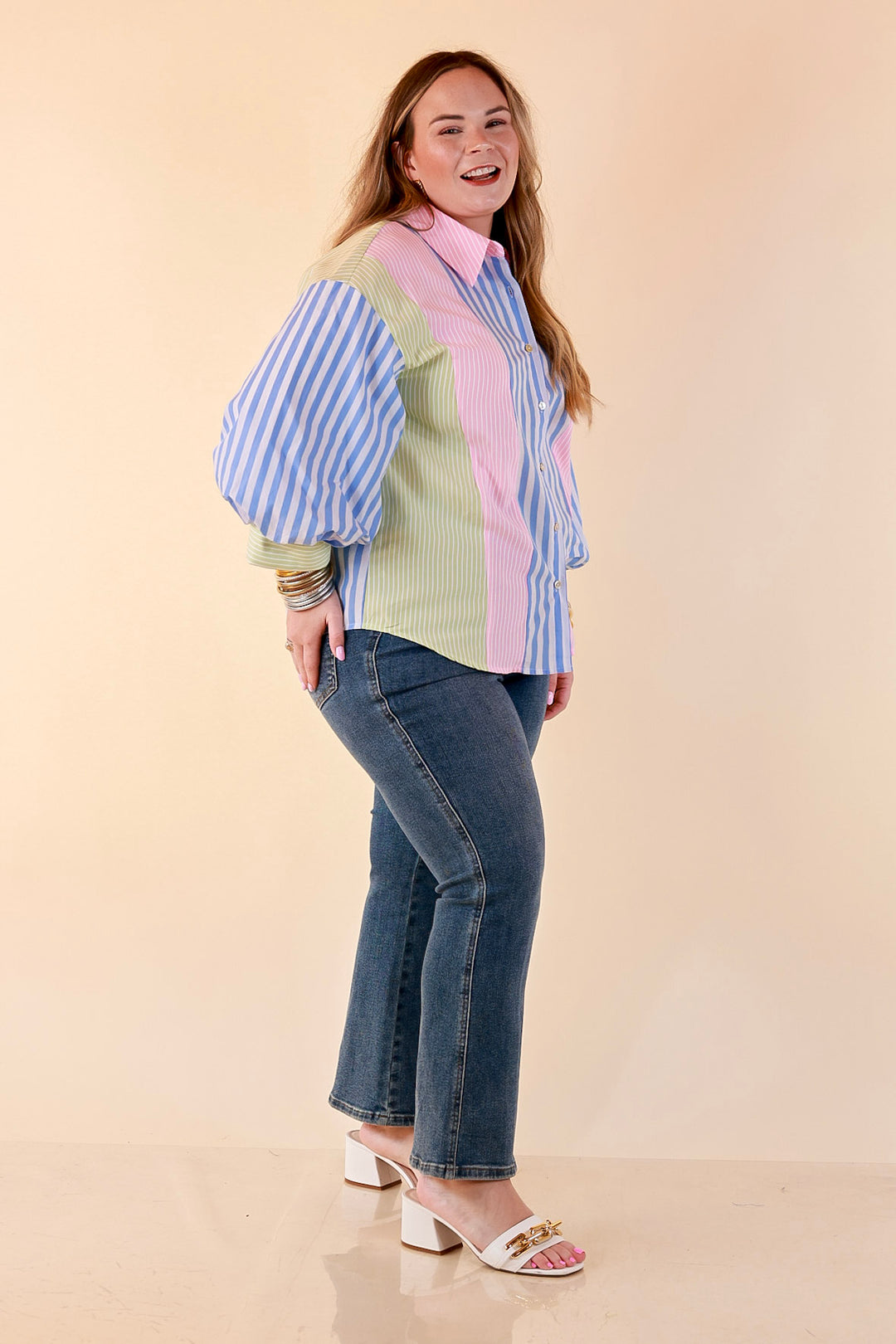 Lovely Impression Colorblock Stripe Button Front Top with Balloon Sleeves in Pink, Blue and Green