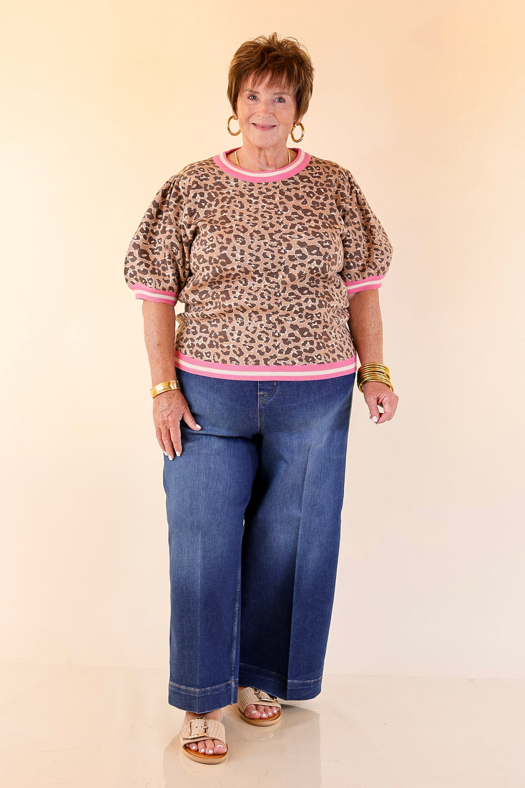 Feline Fine Leopard Print Short Sleeve Sweater with Contrast Trim in Pink