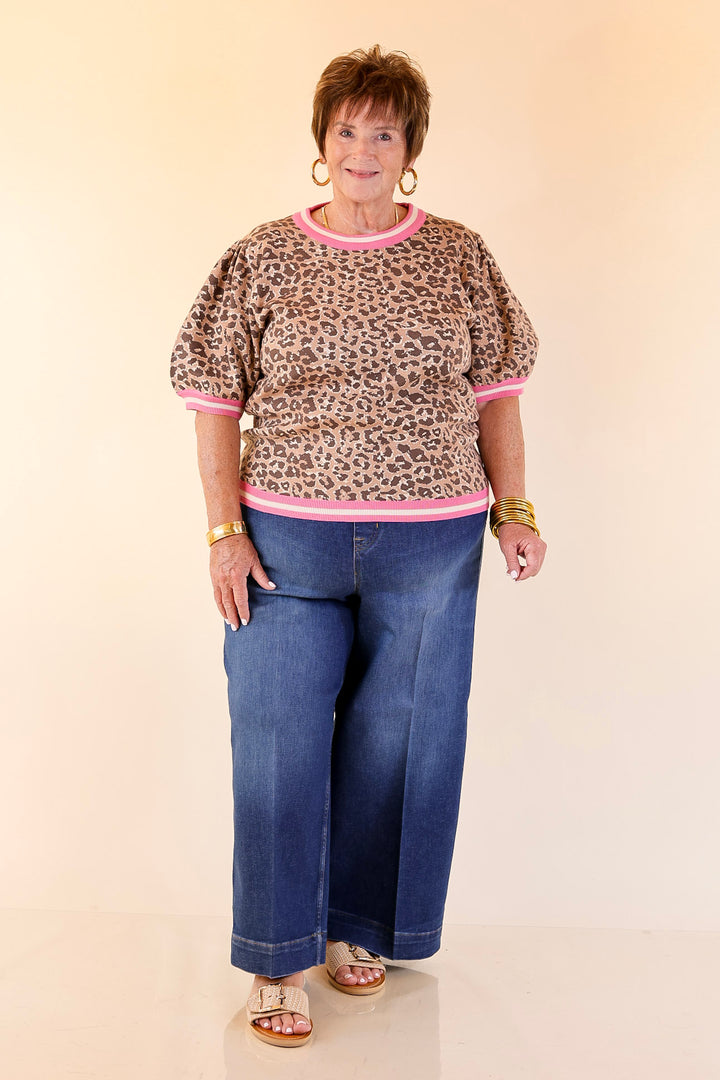 Feline Fine Leopard Print Short Sleeve Sweater with Contrast Trim in Pink