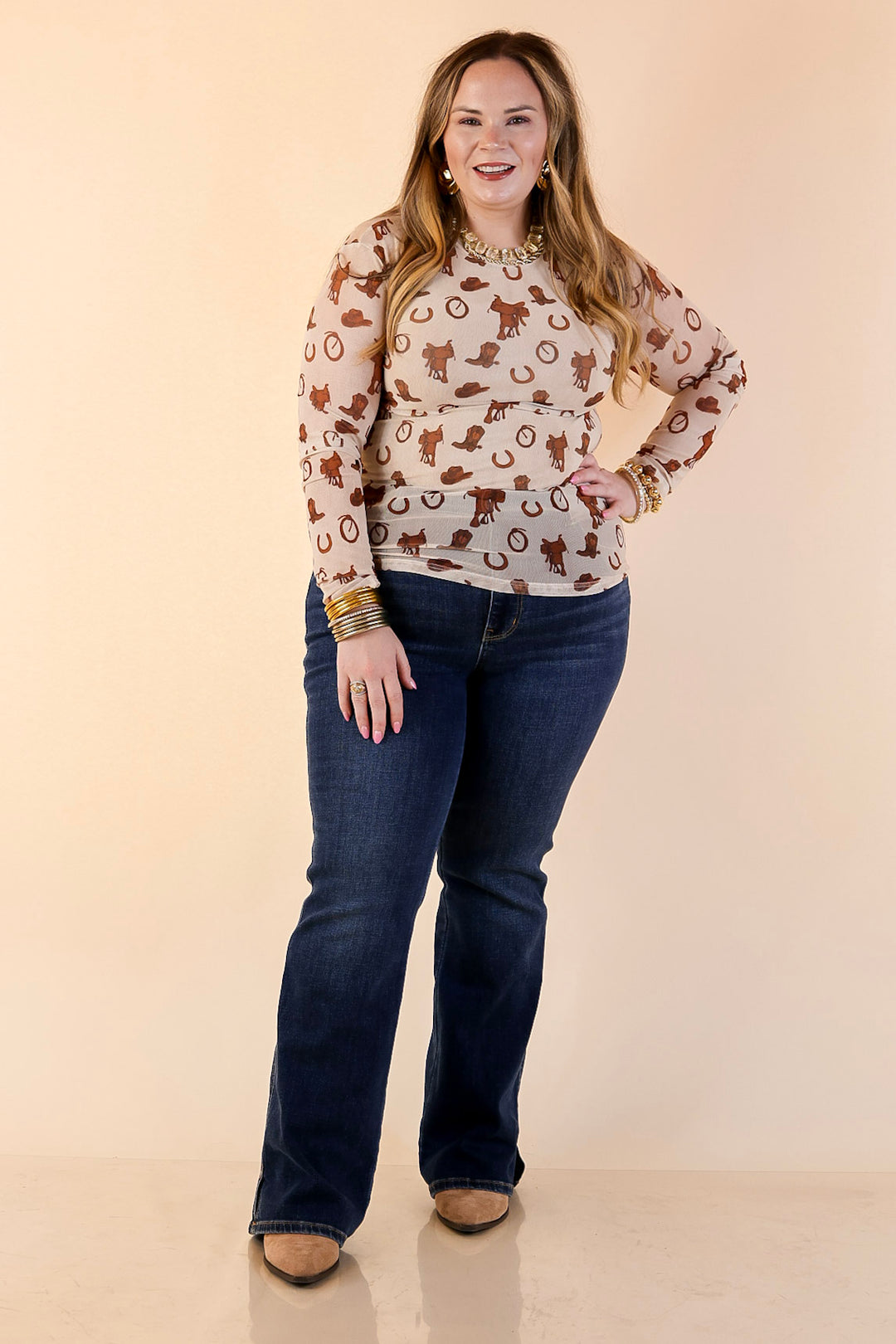 The Perfect Layer Western Icons Print Mesh Long Sleeve Top in Cream and Brown