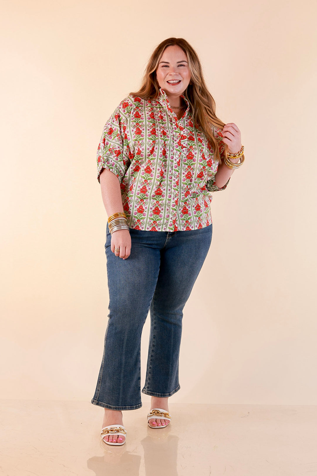 Charming Details Floral Print Button Front Dolman Top with Ruffle Collar in Ivory