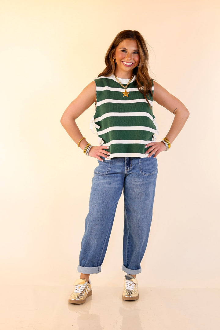 Tied Up in Style Knit Sweater with Side Ties in Forest Green with Off White Stripes