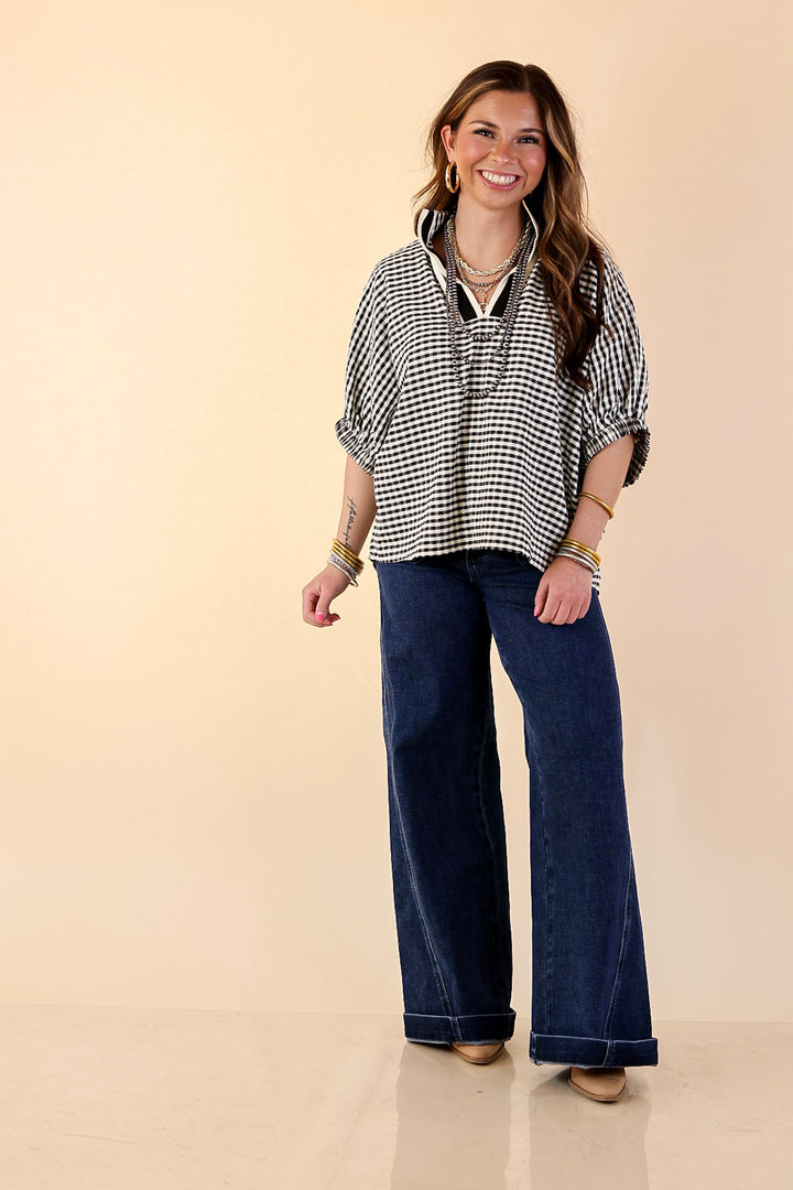 Naturally Stylish Gingham Plaid Top with Contrast Stripe Trim and Short Dolman Sleeves in Black