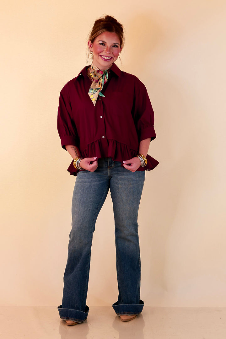 Style Agenda Solid Button Down Peplum Top in Maroon