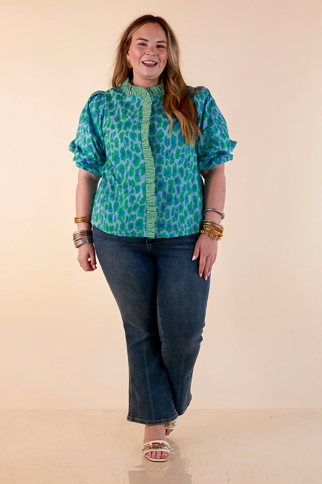 Catch the Compliments Puff Sleeve Ruffle Trim Leopard Print Statement Top in Green and Blue