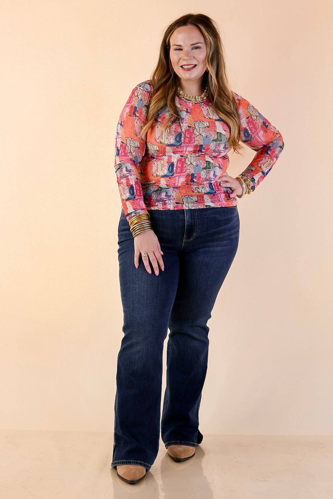 The Perfect Layer Western Boot Print Mesh Long Sleeve Top in Pink Multicolor