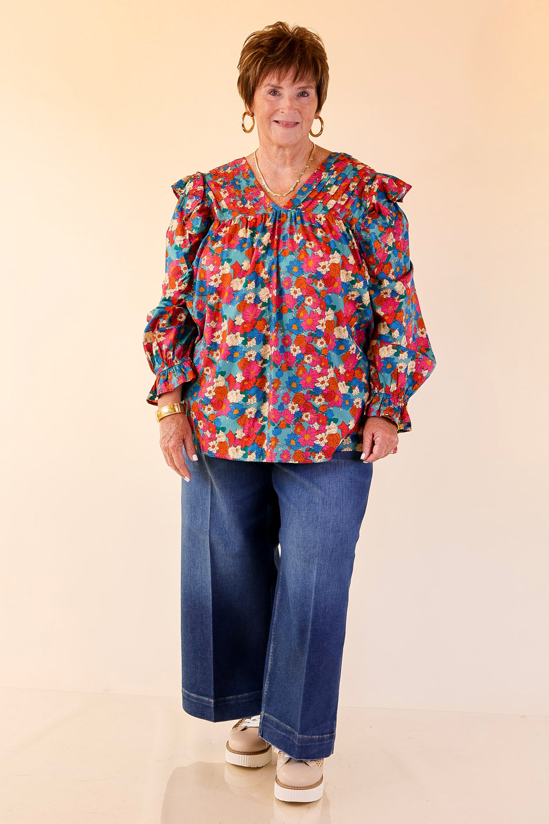 Coffee Perks Floral Ruffle Detail Long Sleeve Top in Turquoise Blue