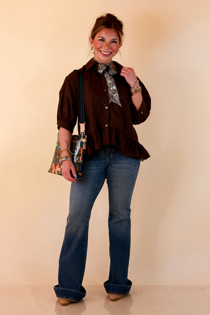 Style Agenda Solid Button Down Peplum Top in Deep Chocolate Brown