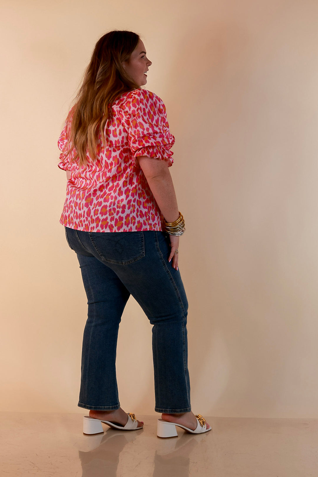 Catch the Compliments Puff Sleeve Ruffle Trim Leopard Print Statement Top in Pink and Orange