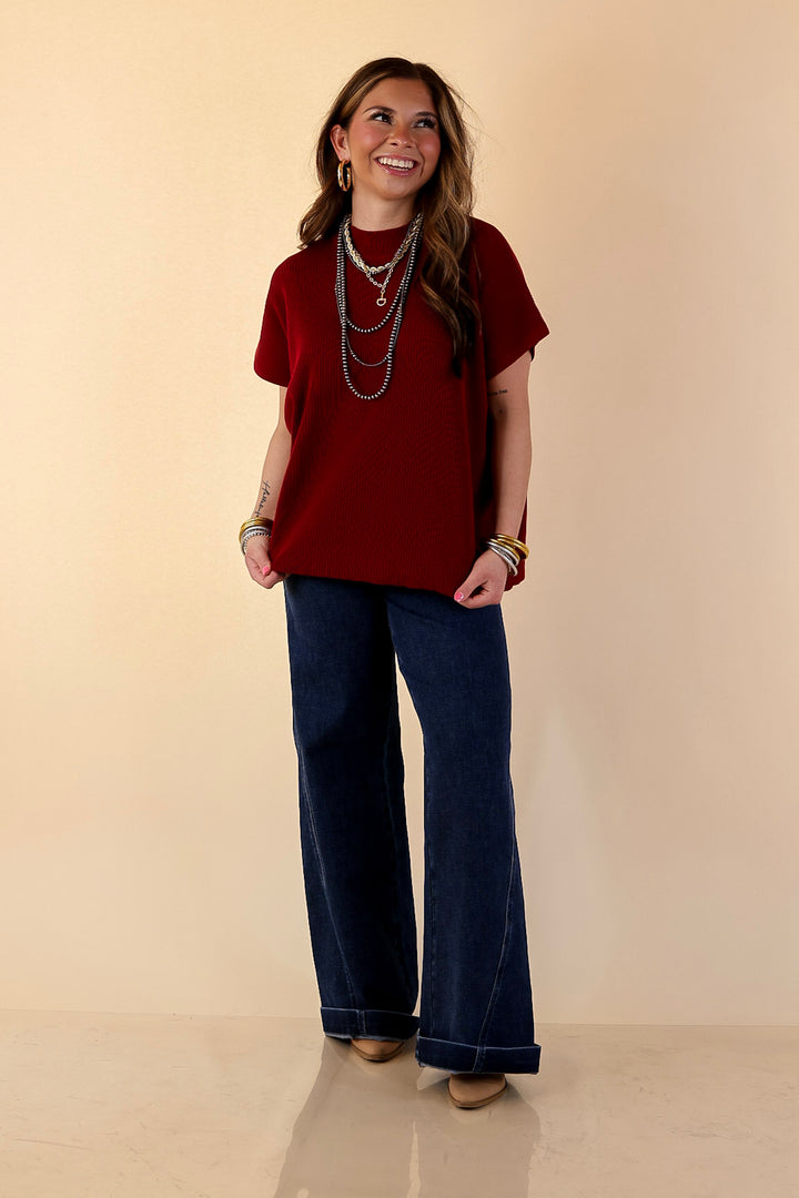 Always in Style Short Sleeve Mock Neck Top in Maroon