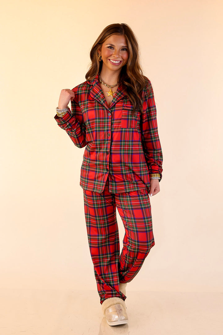 Holiday at Home Tartan Plaid Matching PJ Set with Black Trim in Red Plaid