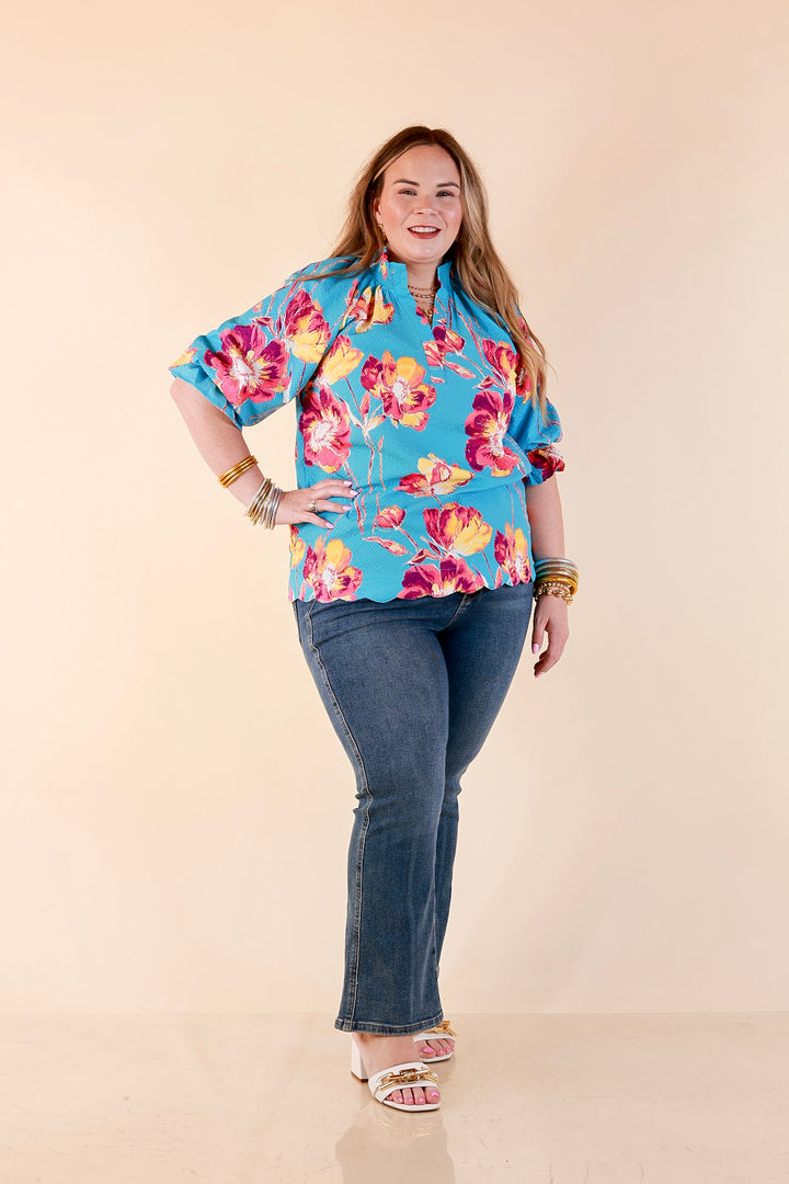 Petal Perfect Floral Print Textured Puff Sleeve Top with Ruffle Split Neckline in Aqua Mix