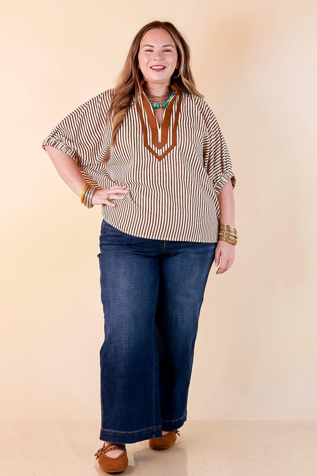 Naturally Stylish Stripe Top with Contrast Stripe Trim and Short Dolman Sleeves in Camel Brown