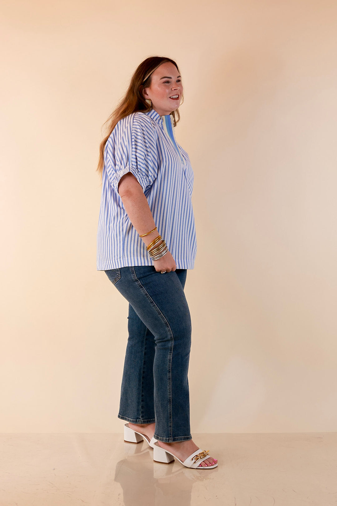 Naturally Stylish Striped Poncho Top with Lace Trim Details and Dolman Sleeves in Baby Blue