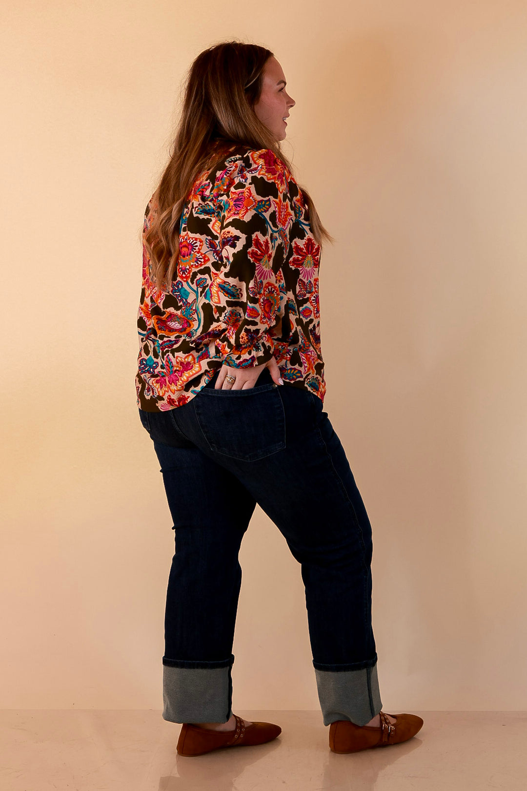 Petal Pop Floral Print Ruffle Front Button Up Long Sleeve Top with Balloon Sleeves in Olive Green