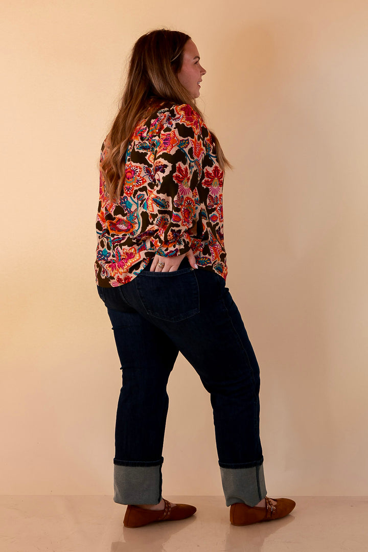 Petal Pop Floral Print Ruffle Front Button Up Long Sleeve Top with Balloon Sleeves in Olive Green