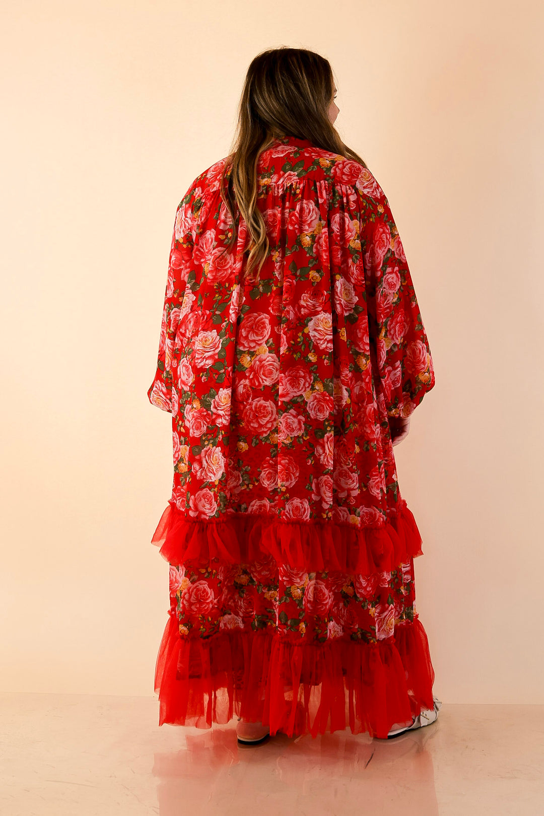 Scarlet Romance Neck Tie Closure Red Rose Floral Drape Statement Kimono Cape in Red