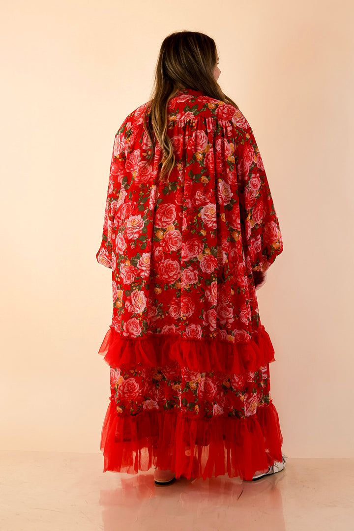 Scarlet Romance Neck Tie Closure Red Rose Floral Drape Statement Kimono Cape in Red