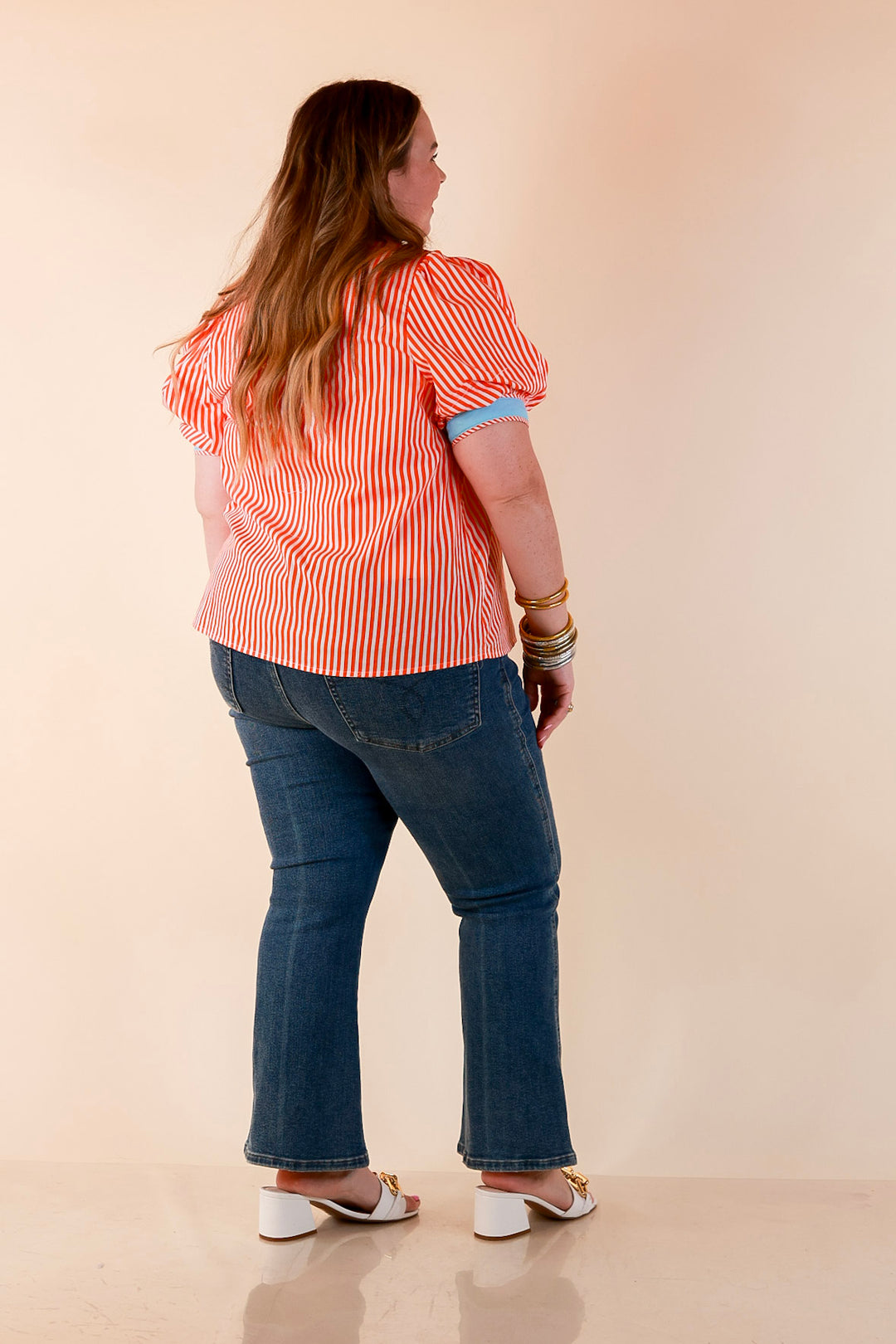 Pop of Polish Short Puff Sleeve Button Front Top with Contrast Trim in Orange, White and Sky Blue