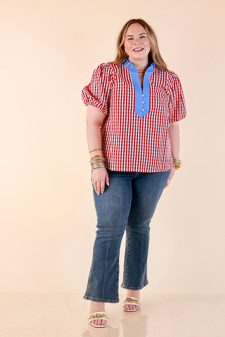Polished &amp; Playful Short Puff Sleeve Gingham Top with Contrast Blue Trim in Red and White