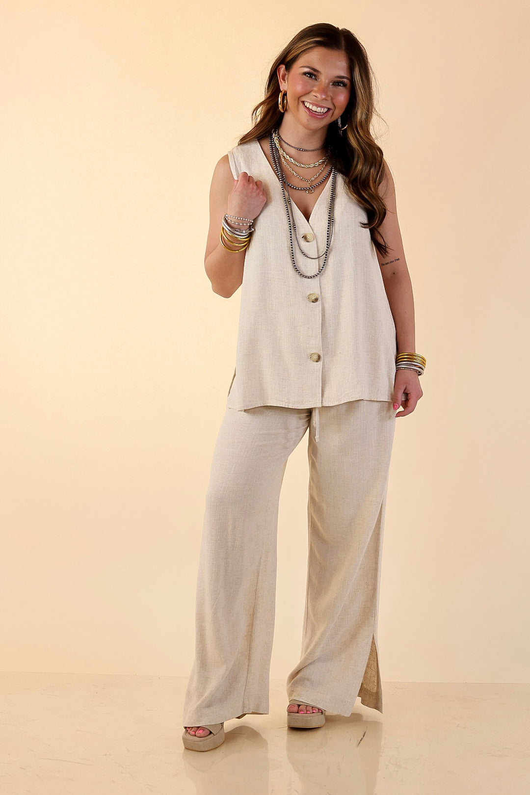 Styled in Comfort Linen Wide Leg Drawstring Pants in Oatmeal Beige
