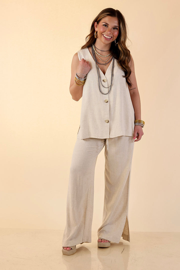 Styled in Comfort Linen Wide Leg Drawstring Pants in Oatmeal Beige