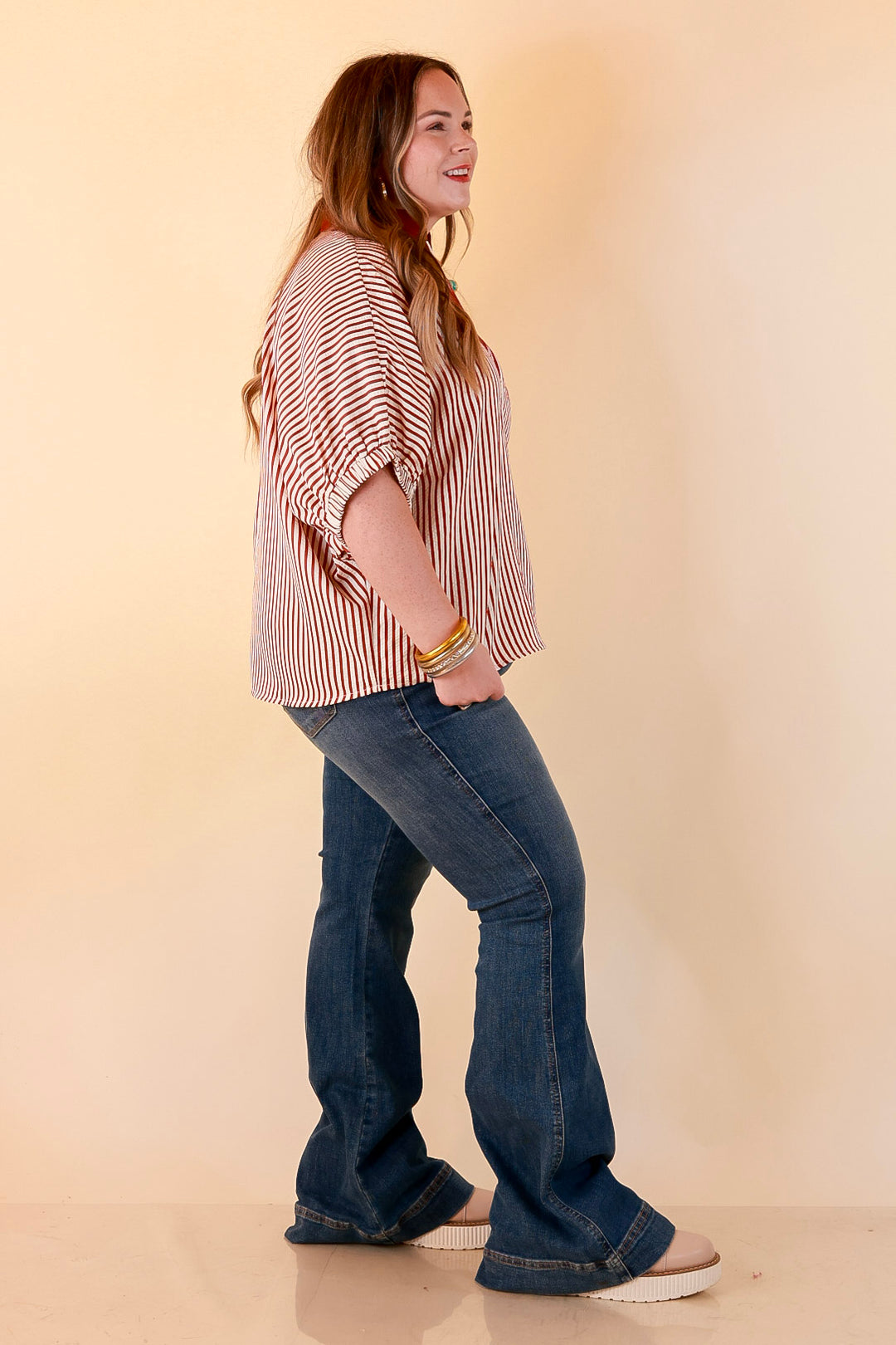 Naturally Stylish Stripe Top with Contrast Stripe Trim and Short Dolman Sleeves in Brick Red
