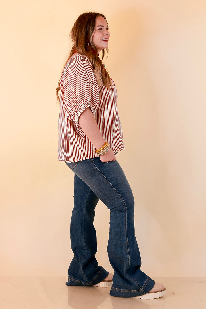 Naturally Stylish Stripe Top with Contrast Stripe Trim and Short Dolman Sleeves in Brick Red