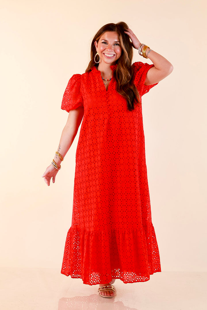 Meet Me at Sunset Eyelet Lace Puff Sleeve Tiered Maxi Dress in Red