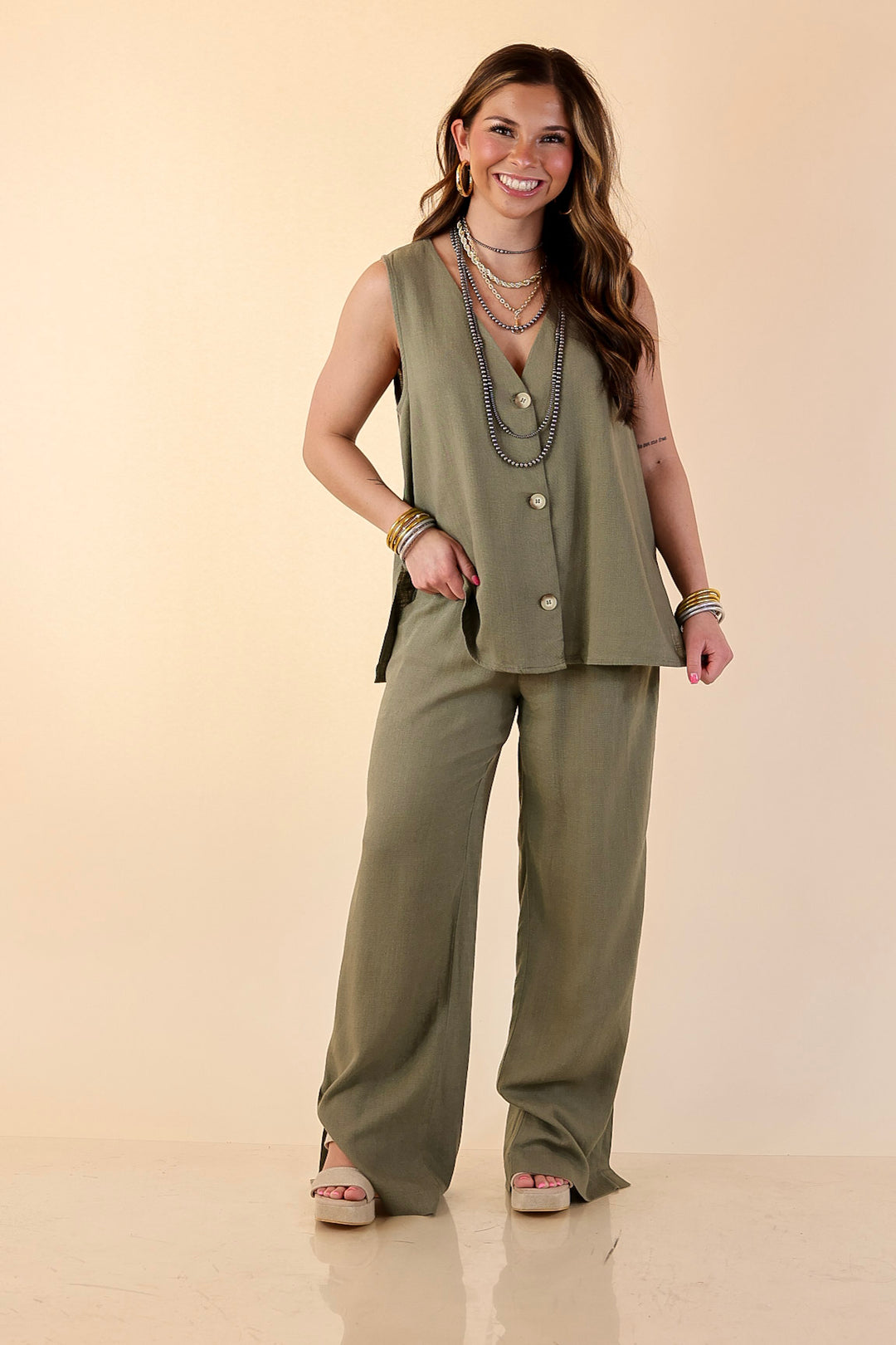 Styled in Comfort Linen Wide Leg Drawstring Pants in Olive Green