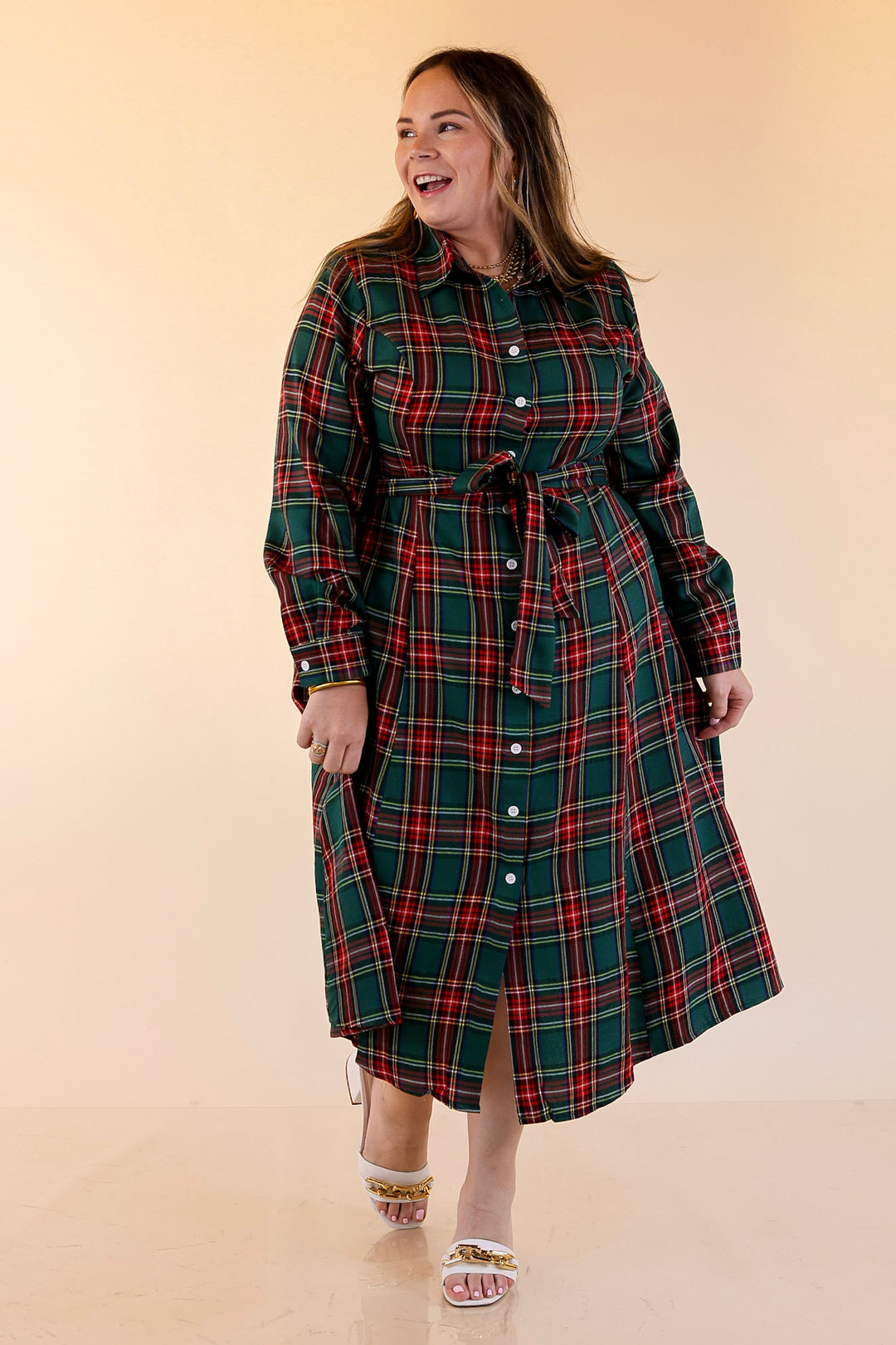 Polished Presence Long Sleeve Plaid Button Up Collared Midi Dress in Green