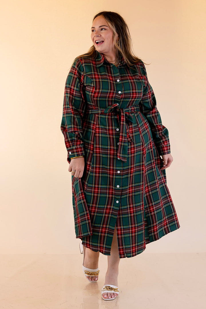 Polished Presence Long Sleeve Plaid Button Up Collared Midi Dress in Green