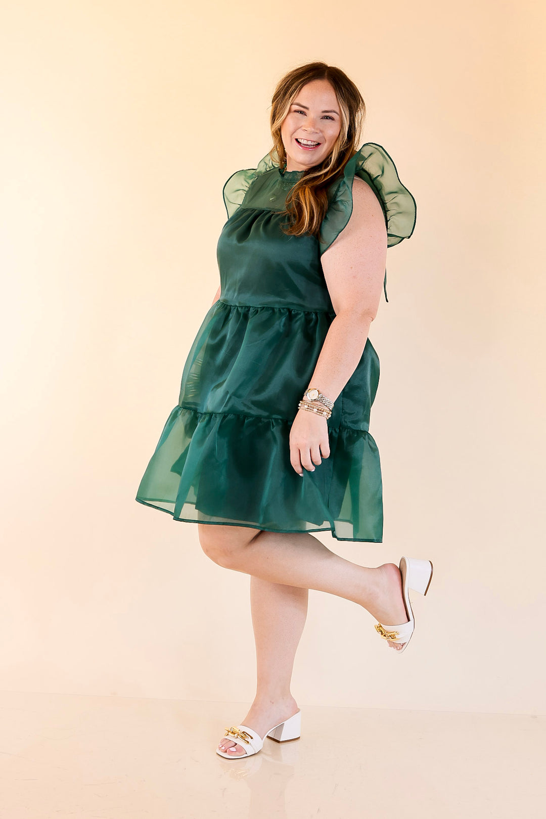 Mud Pie | Jane High Neck Sheer Tulle Ruffle Tiered Dress in Forest Green