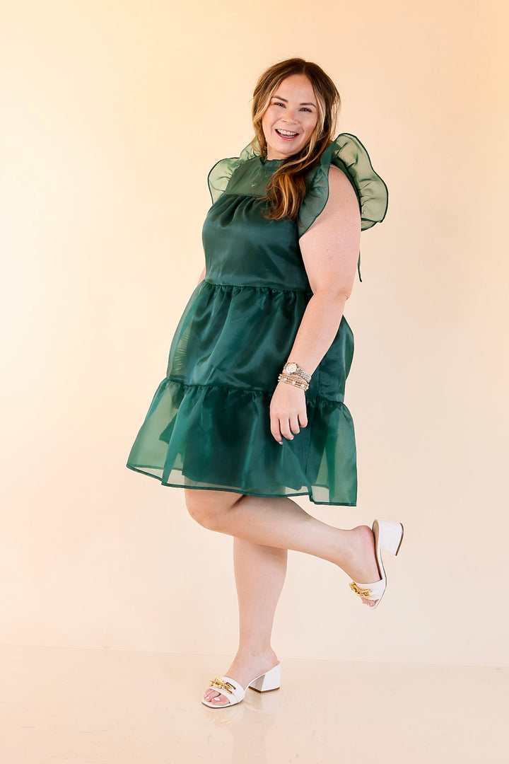 Mud Pie | Jane High Neck Sheer Tulle Ruffle Tiered Dress in Forest Green