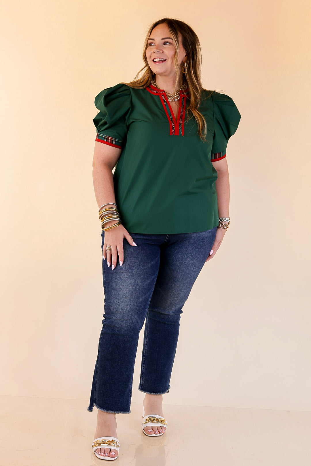 Commanding Style V Neck Top with Short Balloon Sleeves and Plaid Trim in Hunter Green