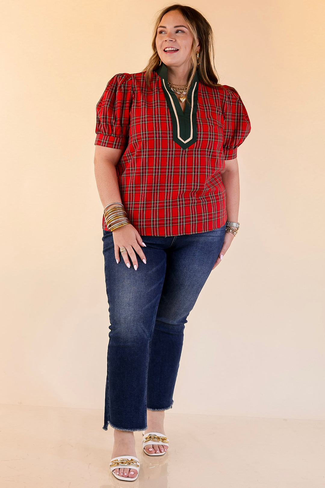 Chic Statement V Neck Plaid Top with Short Balloon Sleeves and Green Trim in Red