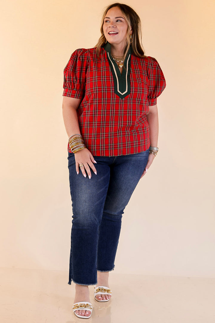 Chic Statement V Neck Plaid Top with Short Balloon Sleeves and Green Trim in Red