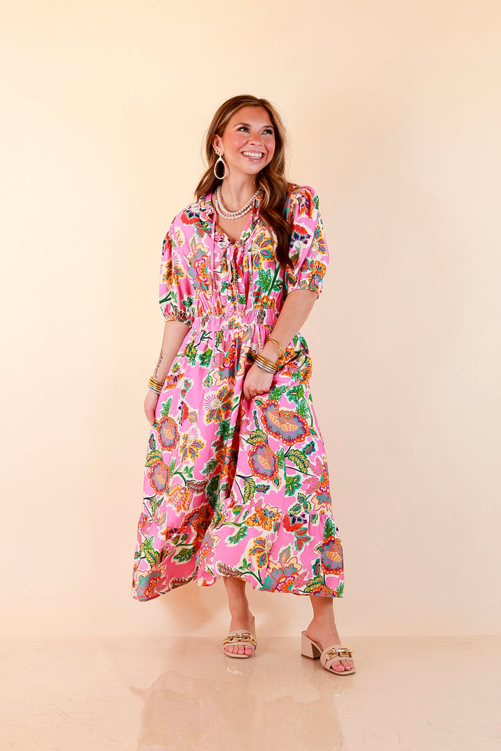 Color Me Happy Floral Print Midi Dress with Tie Neckline and Puff Sleeves in Pink