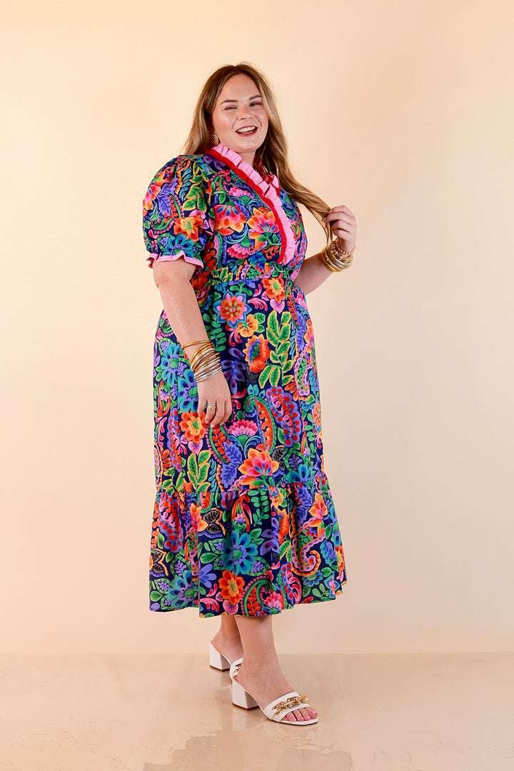 Gracefully Yours Floral and Paisley Print Midi Dress with Contrast Ruffle Trim in Navy Blue