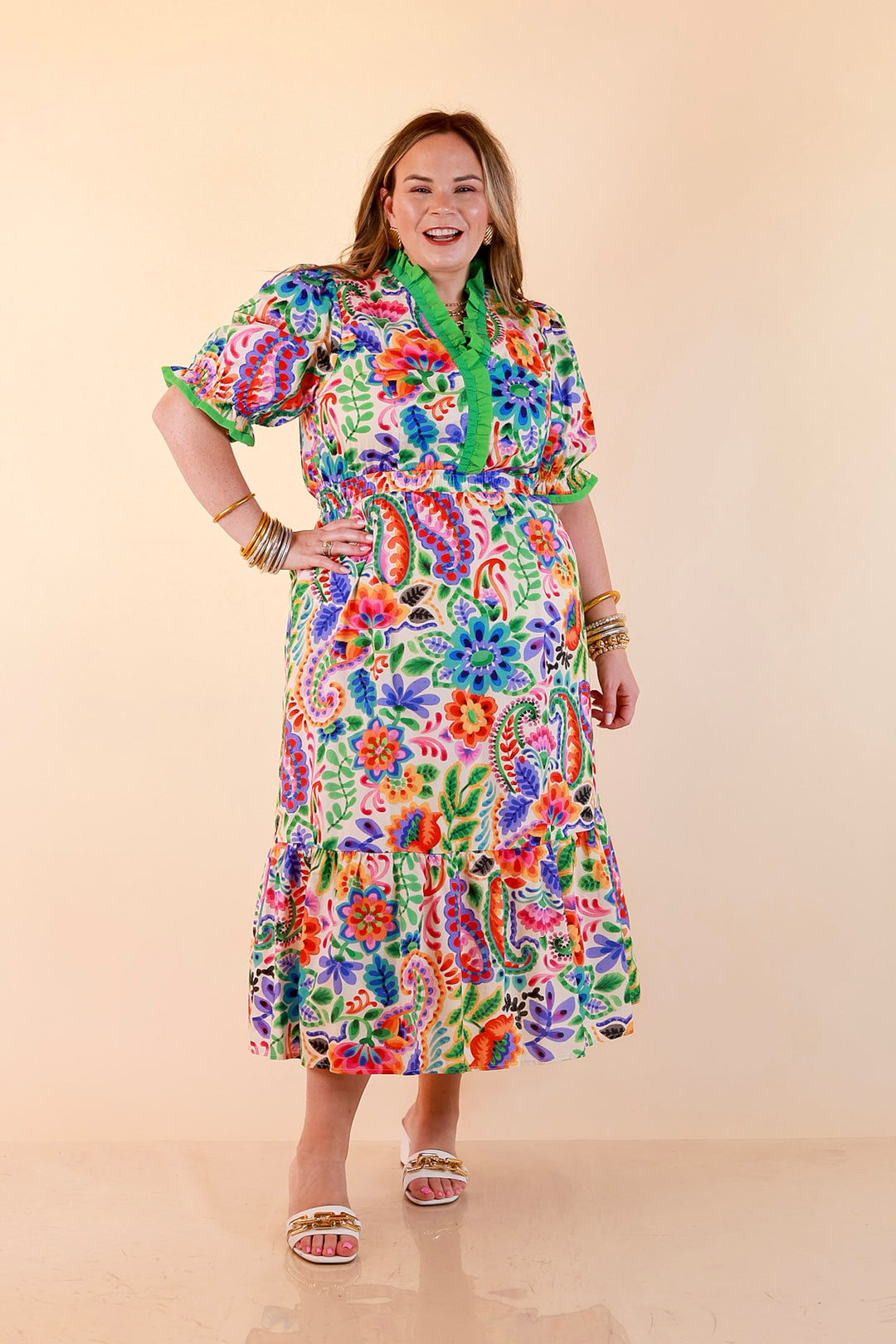 Gracefully Yours Floral and Paisley Print Midi Dress with Contrast Ruffle Trim in Ivory