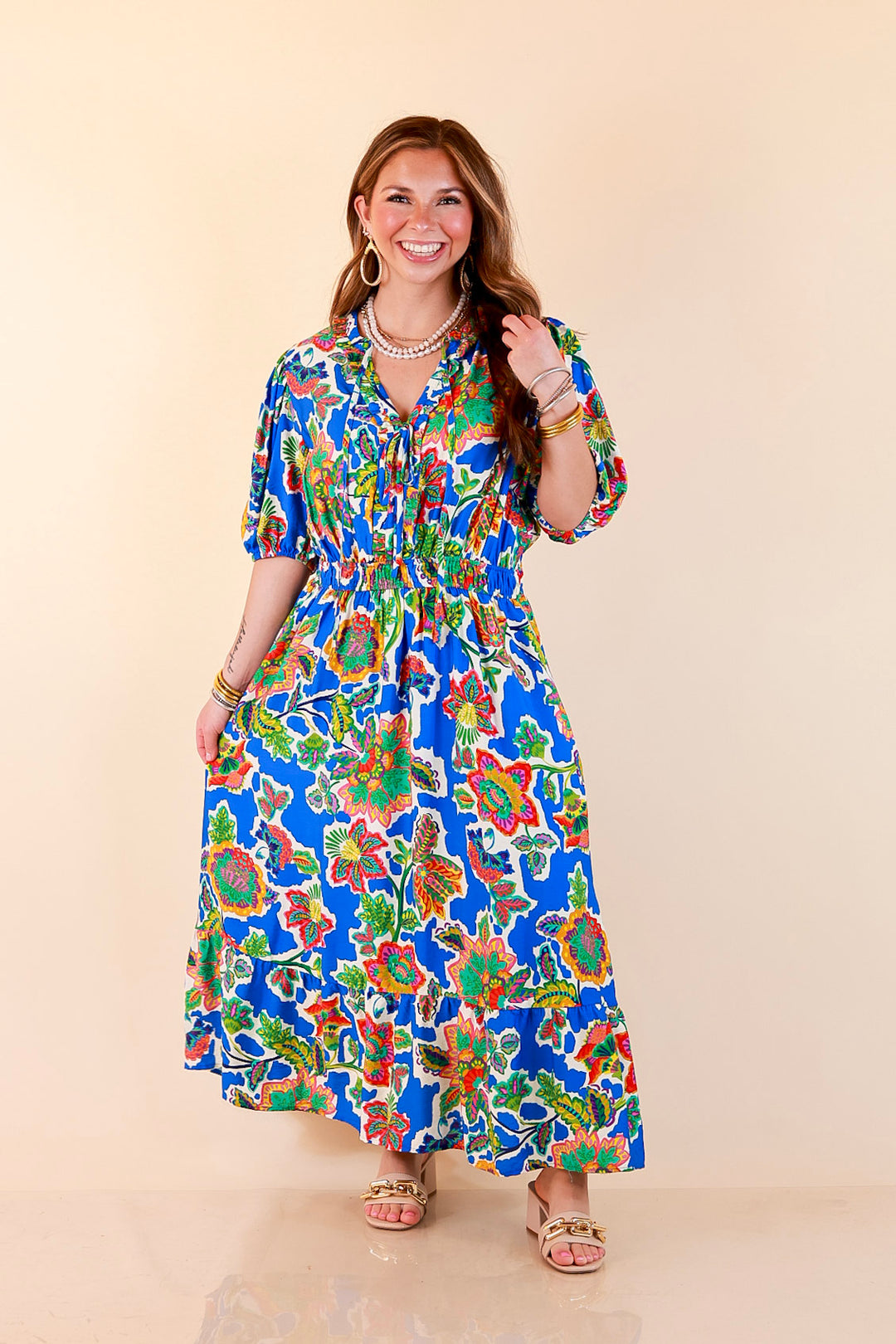 Color Me Happy Floral Print Midi Dress with Tie Neckline and Puff Sleeves in Royal Blue
