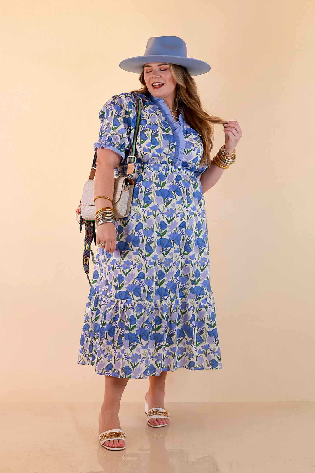 Gracefully Yours Floral Print Midi Dress with Contrast Ruffle Trim in Blue