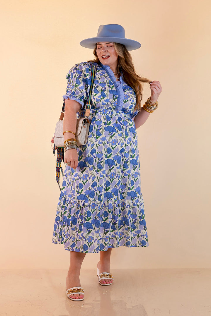 Gracefully Yours Floral Print Midi Dress with Contrast Ruffle Trim in Blue