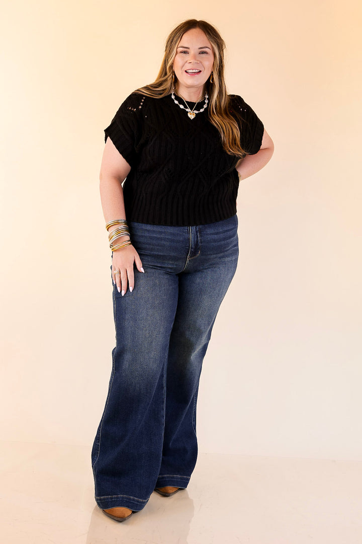 Knit to Last Cable Knit Short Sleeve Sweater Top in Black