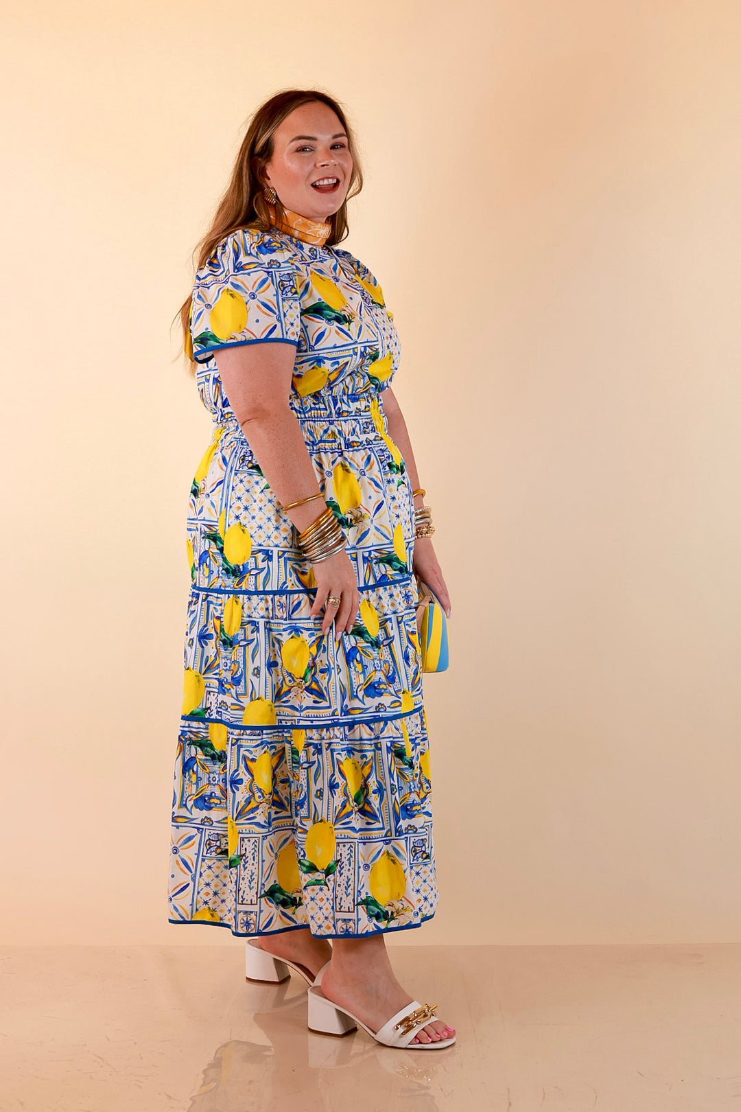 Villa Views Lemon and Tile Abstract Print Tiered Midi Dress in Blue and Yellow
