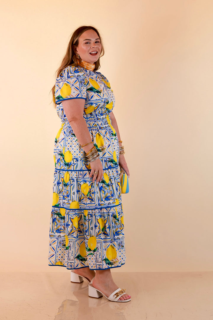 Villa Views Lemon and Tile Abstract Print Tiered Midi Dress in Blue and Yellow