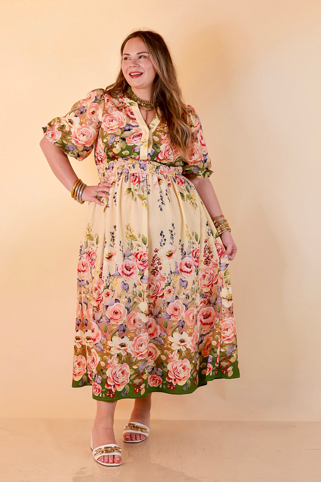 Brunch with the Girls Puff Sleeve Smocked Waist Floral Print Tiered Midi Dress in Ivory and Olive Green Multi