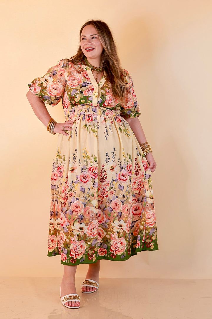 Brunch with the Girls Puff Sleeve Smocked Waist Floral Print Tiered Midi Dress in Ivory and Olive Green Multi