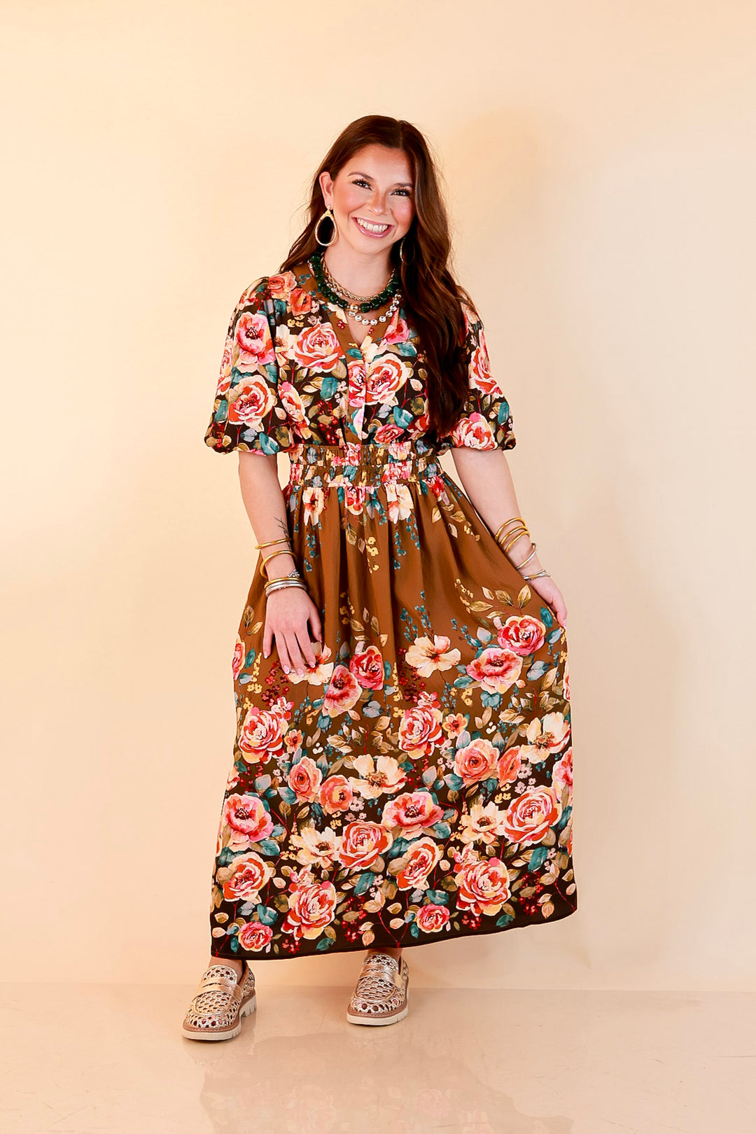 Brunch with the Girls Puff Sleeve Smocked Waist Floral Print Tiered Midi Dress in Chocolate Brown Multi